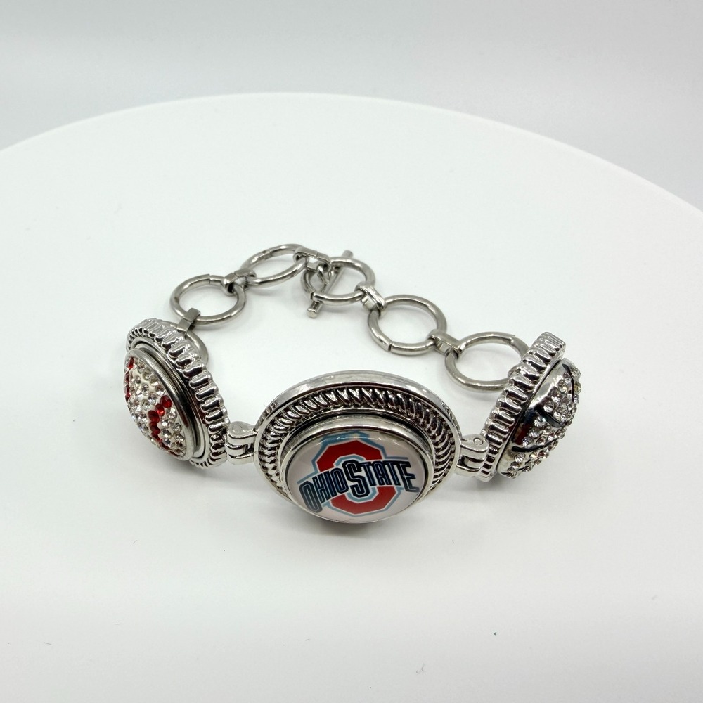 Silver Tone Red White Rhinestone Collegiate Fan‎ Bracelet Ohio Sports Team Boho